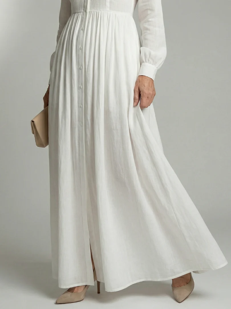 Collared Button Front Long Sleeve Pintuck Shirt Maxi Dress 4