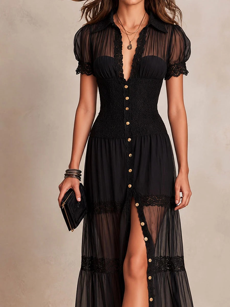 Sheer Mesh Lace Trim Button Front Smocked Waist Maxi Dress 6