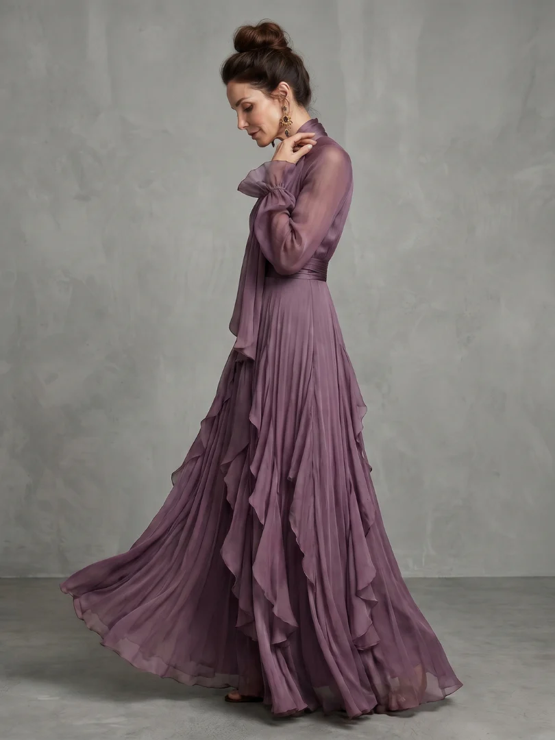 Tie Neck Long Sleeve Tiered Ruffle Chiffon Maxi Dress 4