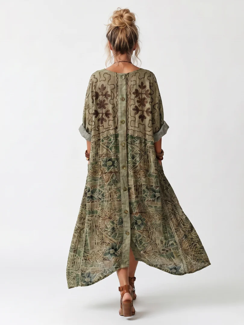 Geometric Print Button Front Rolled Sleeve Kaftan Maxi Dress 5