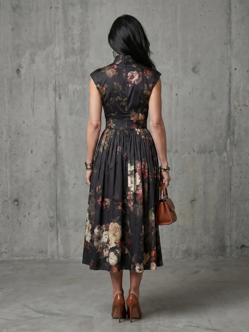 Floral High Neck Keyhole Cap Sleeve Midi Dress 3