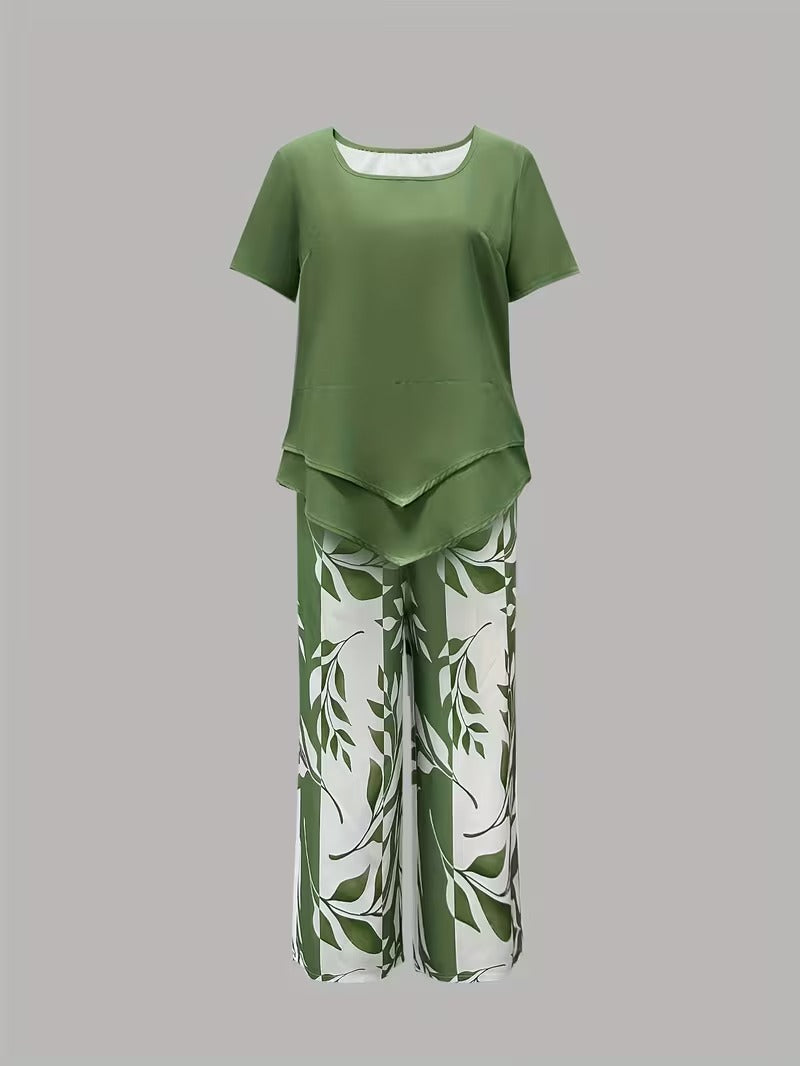 Short Sleeve Layered Hem Top and Leaf Print Capri Pants Two Piece Set 6