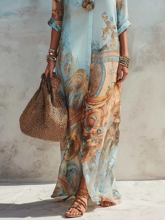 Baroque Print Button Front Long Sleeve Shirt Maxi Dress 5