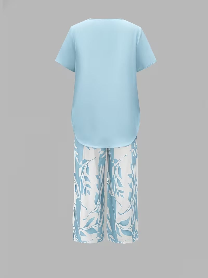 Short Sleeve Top and Leaf Print Cropped Pants Two Piece Set 8