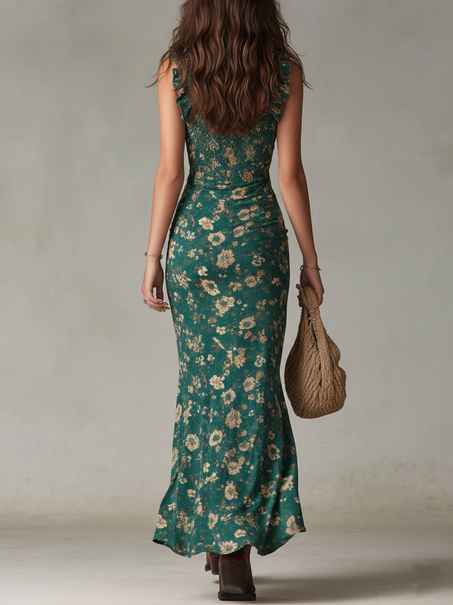 Floral Square Neck Ruffle Strap Ruched High Split Maxi Dress 7