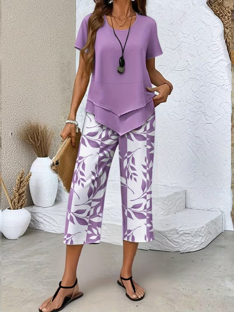 Short Sleeve Top and Leaf Print Cropped Pants Two Piece Set 4