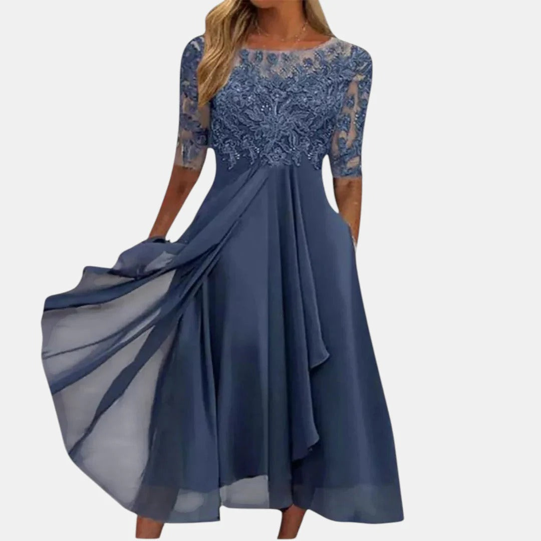 Lace Bodice Round Neck Half Sleeve Chiffon Midi Dress
