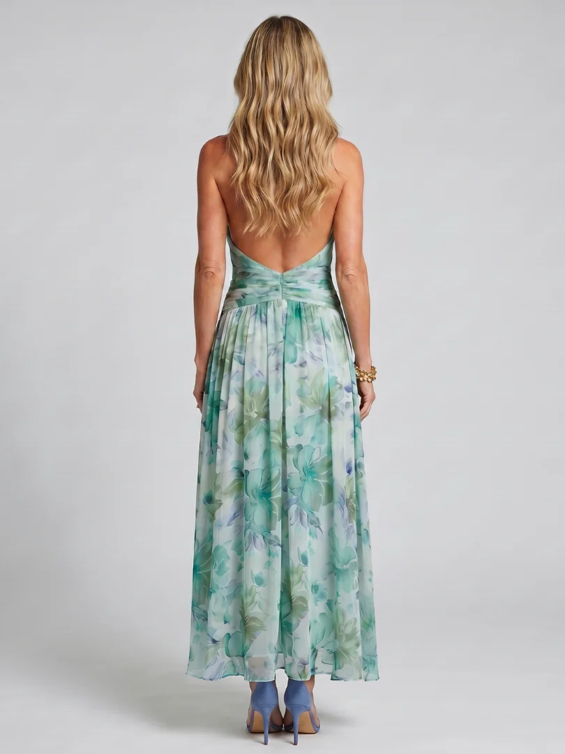 Floral Halter Neck Keyhole Pleated Chiffon Maxi Dress 3