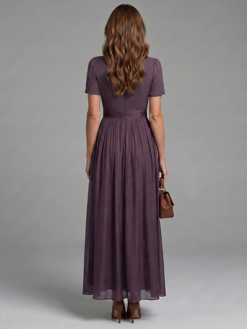 Lace Trim V-Neck Short Sleeve Pleated Chiffon Maxi Dress 3