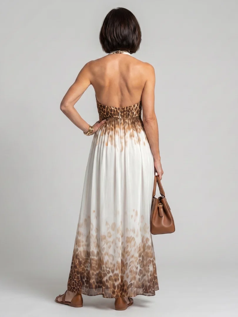 Leopard Print Halter Deep V-Neck Maxi Dress 4