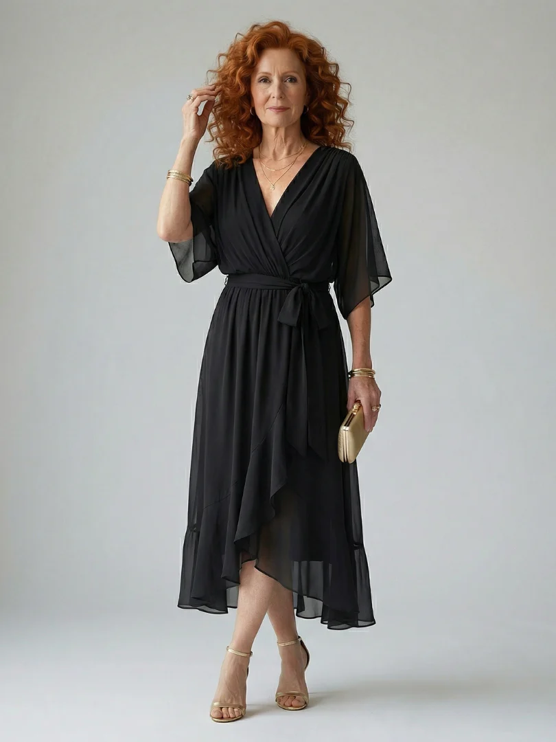 V-Neck Half Sleeve Belted Wrap High Low Midi Dress 10