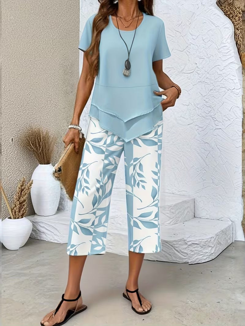 Short Sleeve Layered Hem Top and Leaf Print Capri Pants Two Piece Set 3