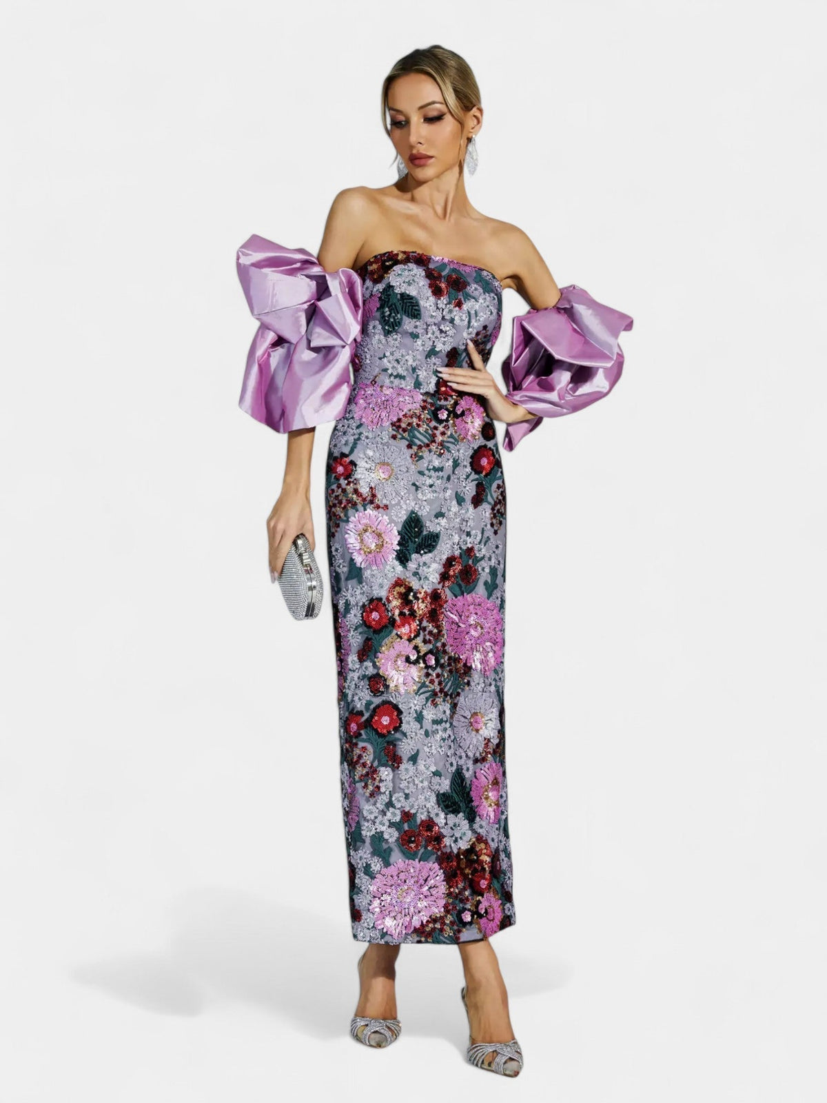 Strapless Floral Sequin Sheer Hem Maxi Dress 8