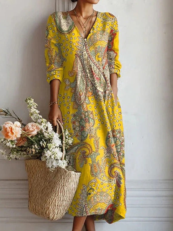 Paisley Print V-Neck Long Sleeve Midi Dress