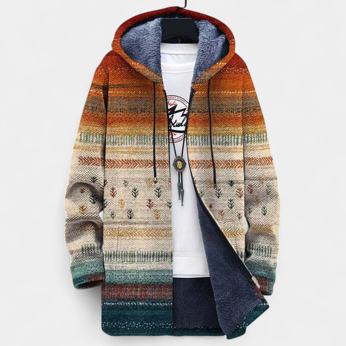 Tribal Stripe Print Hooded Fleece Lined Cardigan Jacket