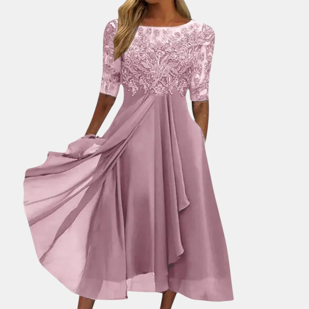 Lace Bodice Round Neck Half Sleeve Chiffon Midi Dress 2