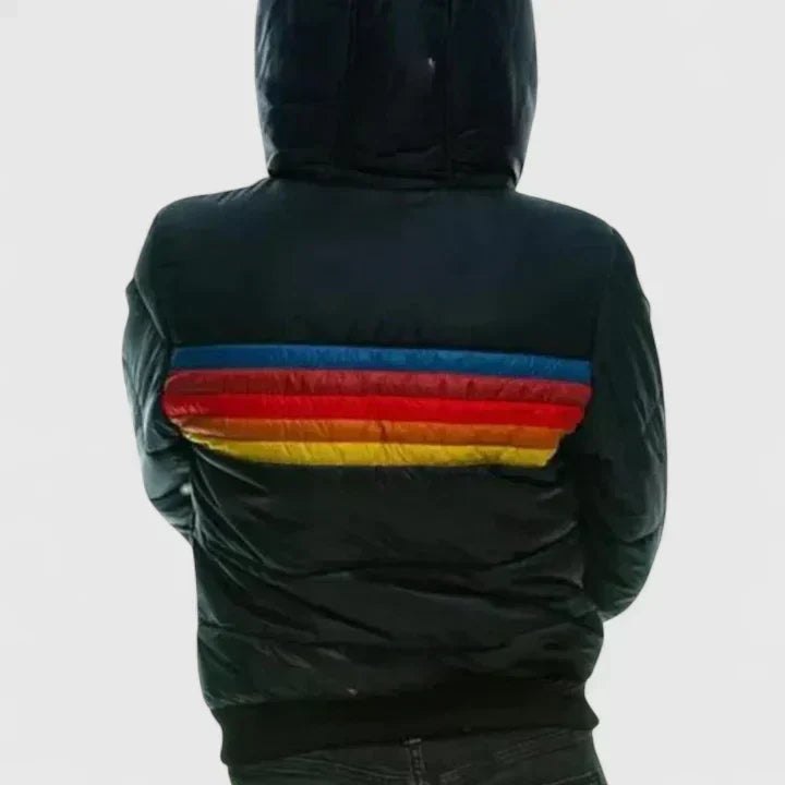 Retro Stripe Zip Front Stand Collar Puffer Jacket 3