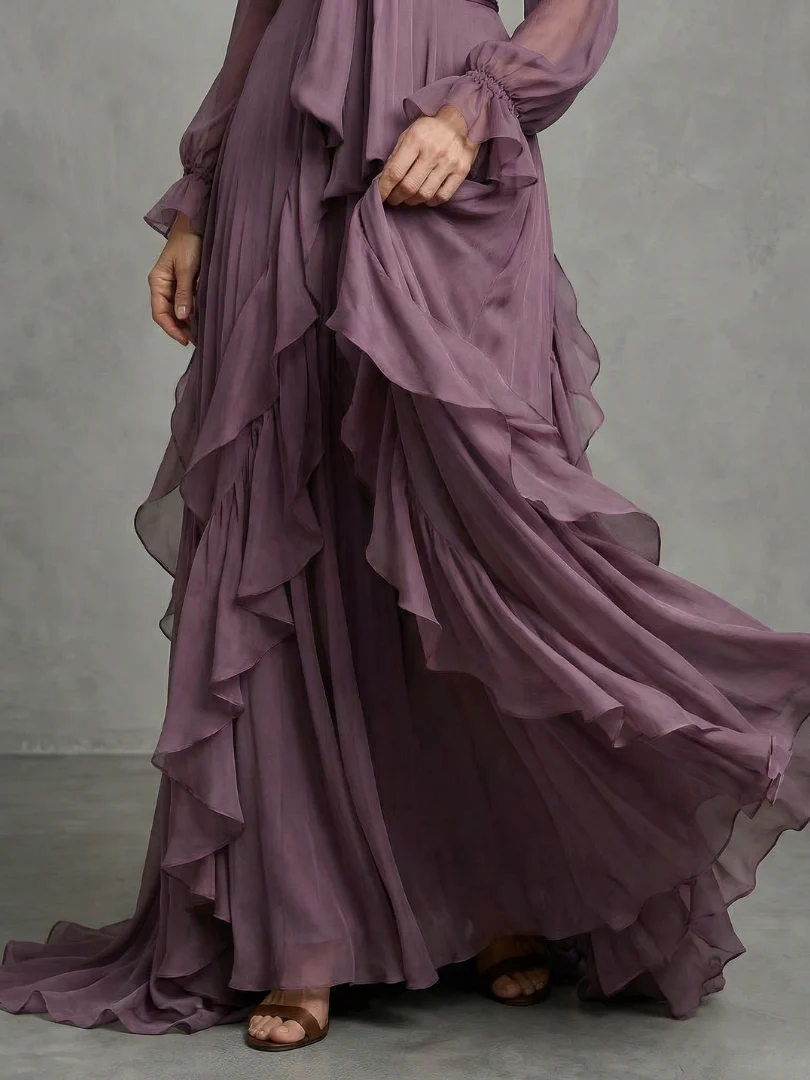 Tie Neck Long Sleeve Tiered Ruffle Chiffon Maxi Dress 6