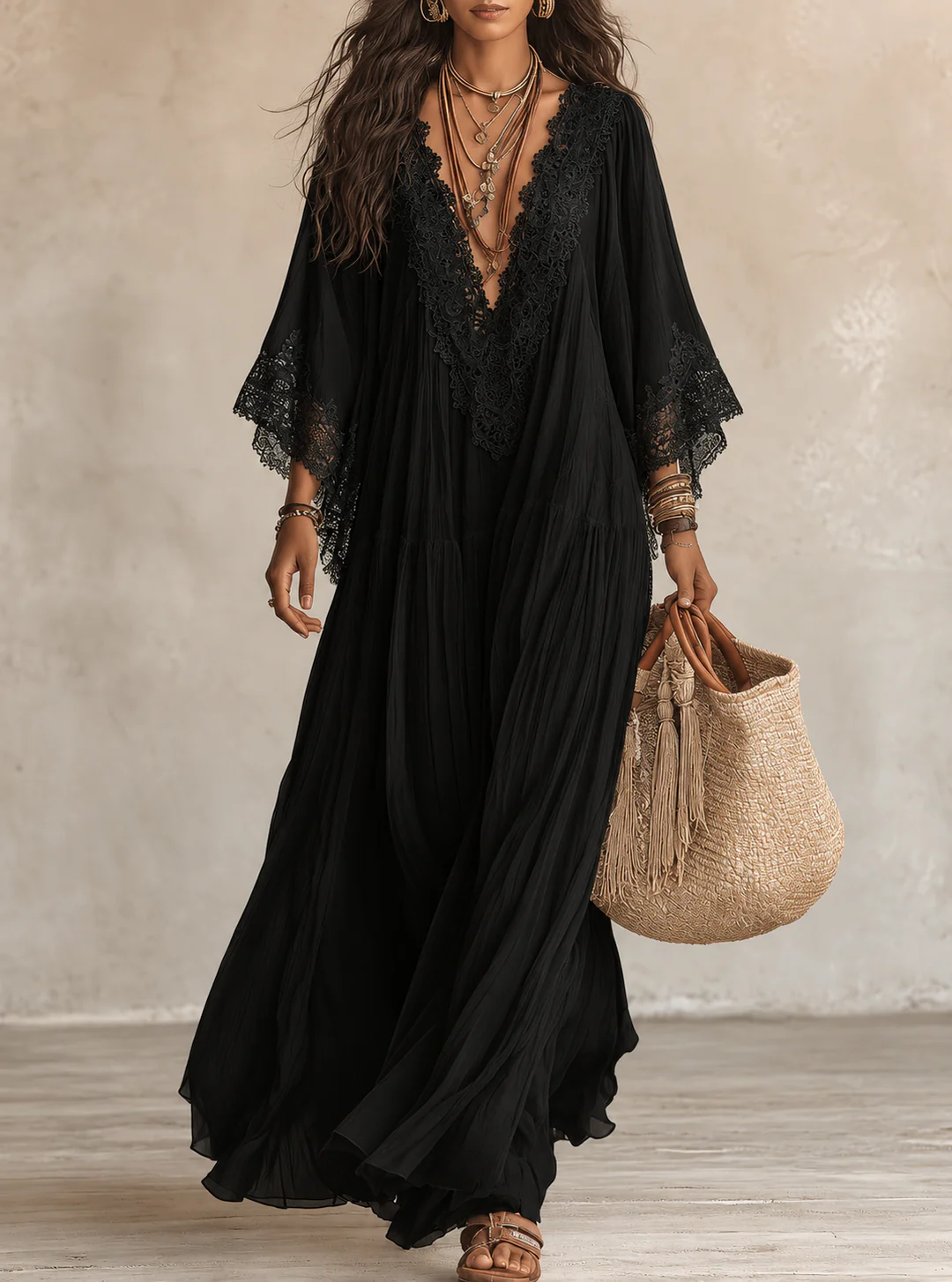 Lace Trim V-Neck Long Sleeve Boho Flowy Maxi Dress 3