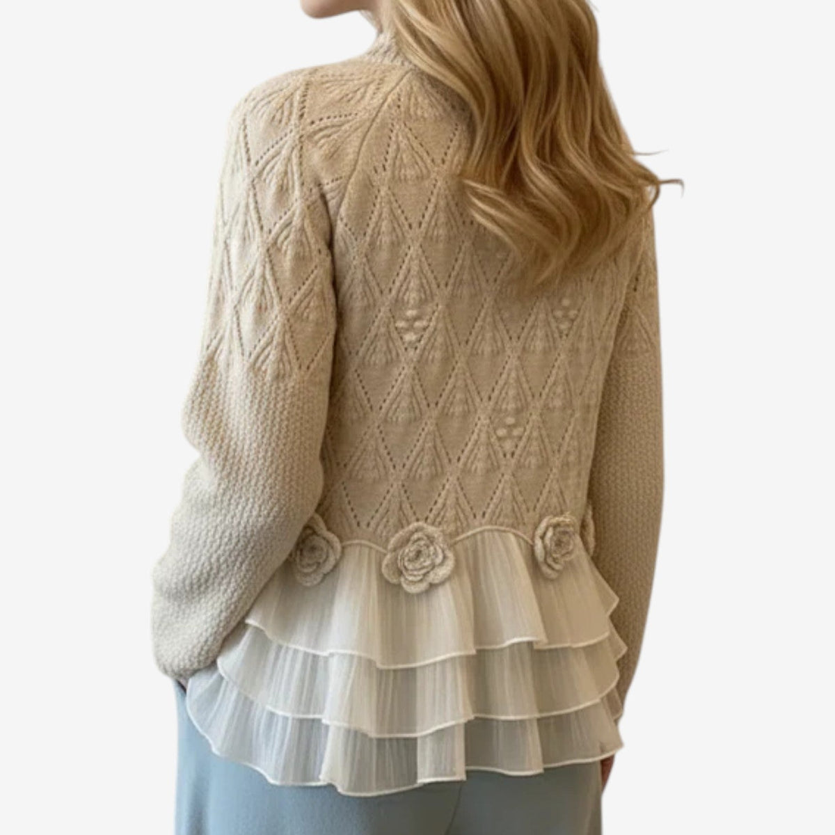 Crew Neck Pointelle Knit Tulle Ruffle Hem Sweater 2