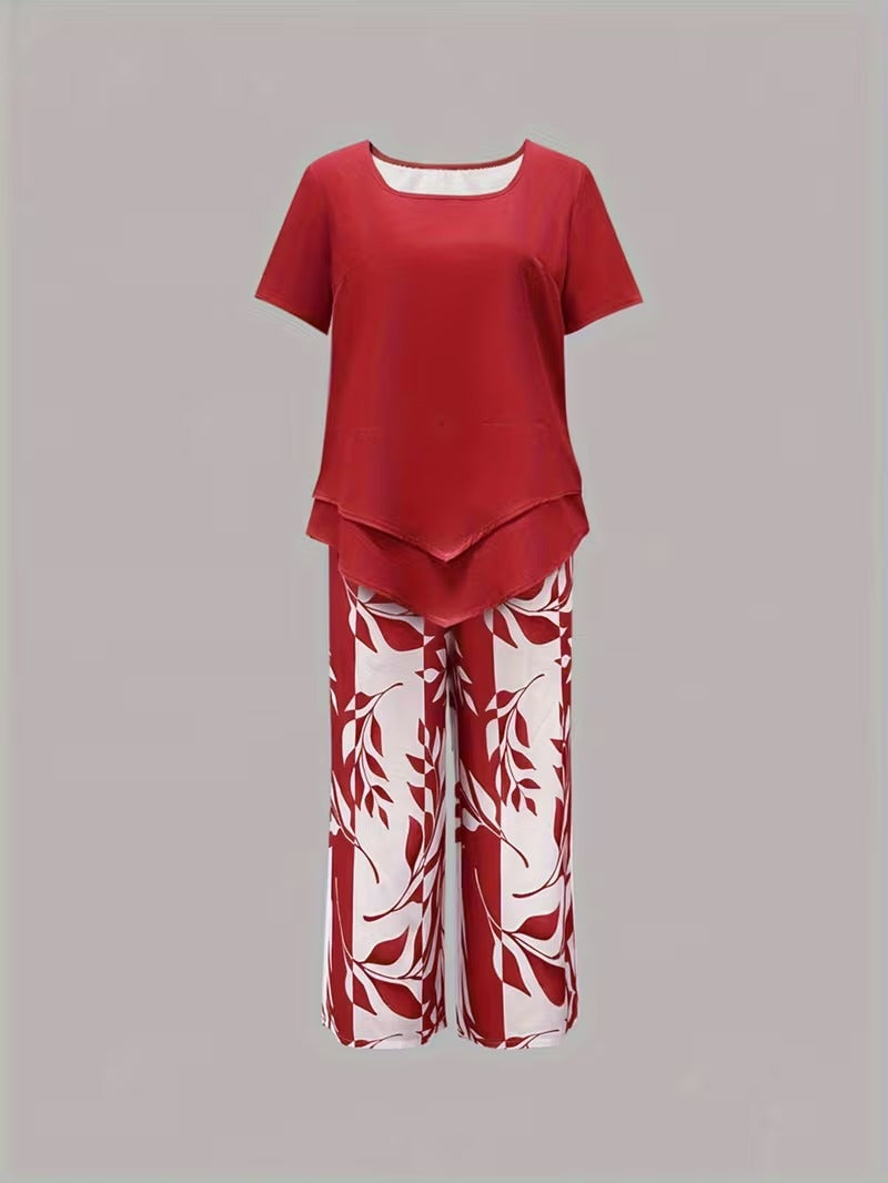 Short Sleeve Layered Hem Top and Leaf Print Capri Pants Two Piece Set 12