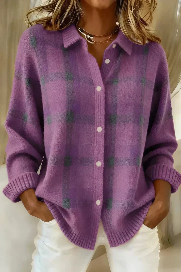 Plaid Collared Button Front Knit Cardigan 8