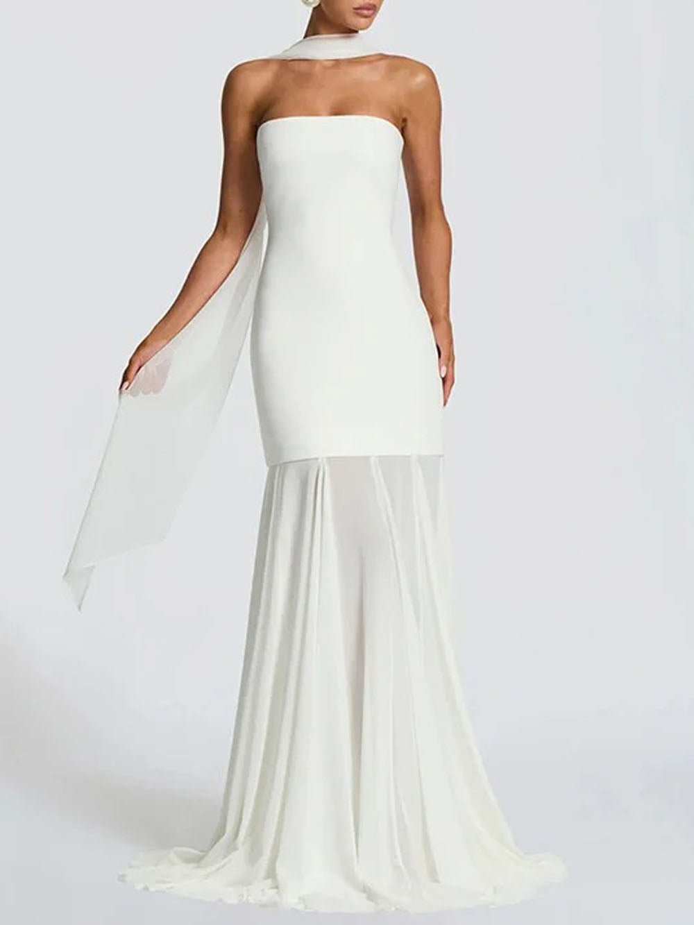 Strapless Longline Bandeau Pleated Organza Mermaid Gown - View 3
