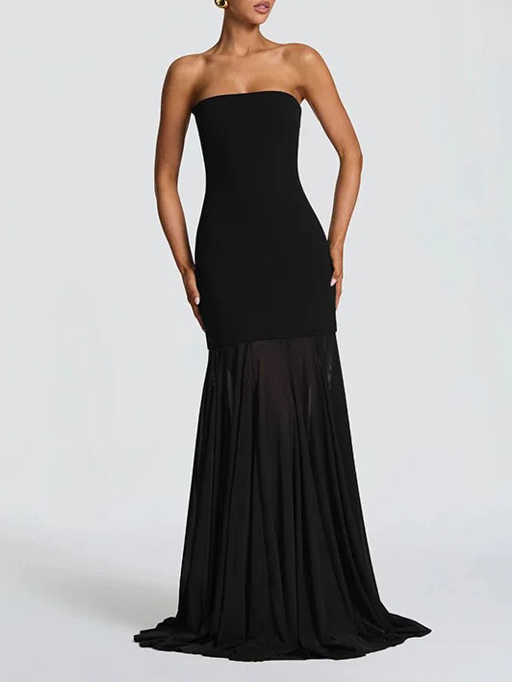Strapless Scarf Neck Sheer Cape Mermaid Maxi Gown - View 2