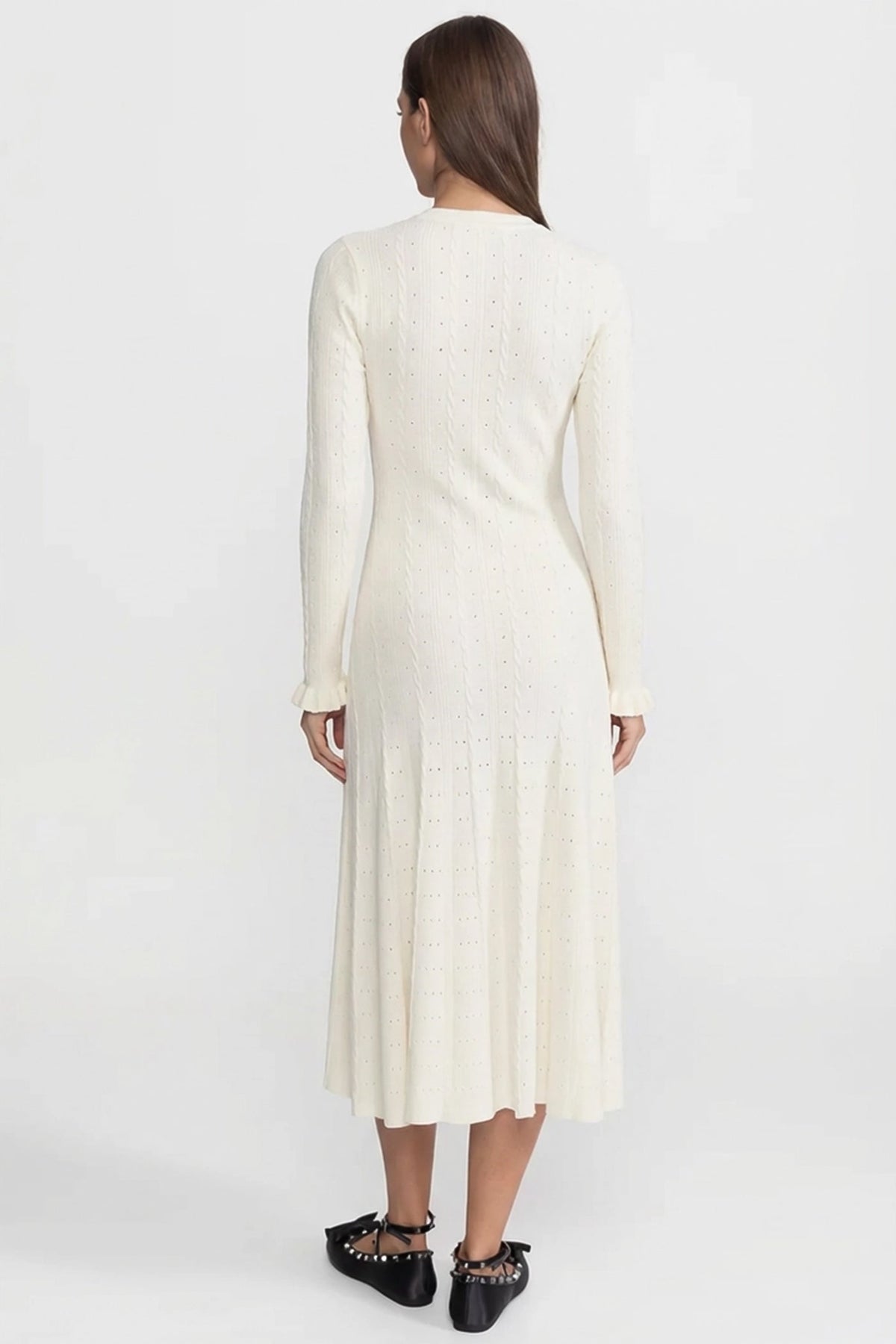 Knit Button-Front Midi Dress with Pointelle Detailing – Ivoire - View 4