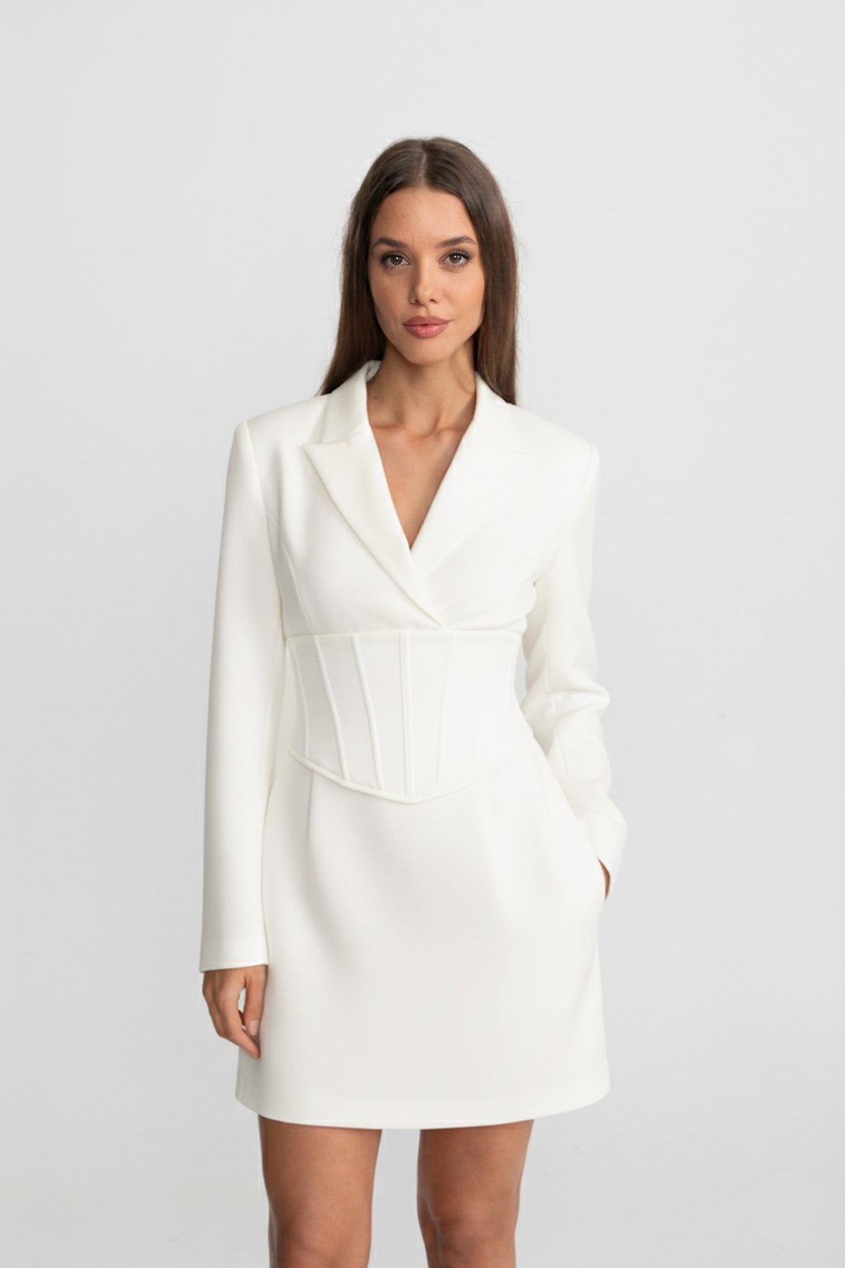 Structured Mini Blazer Dress With Corset Waist – Ivoire