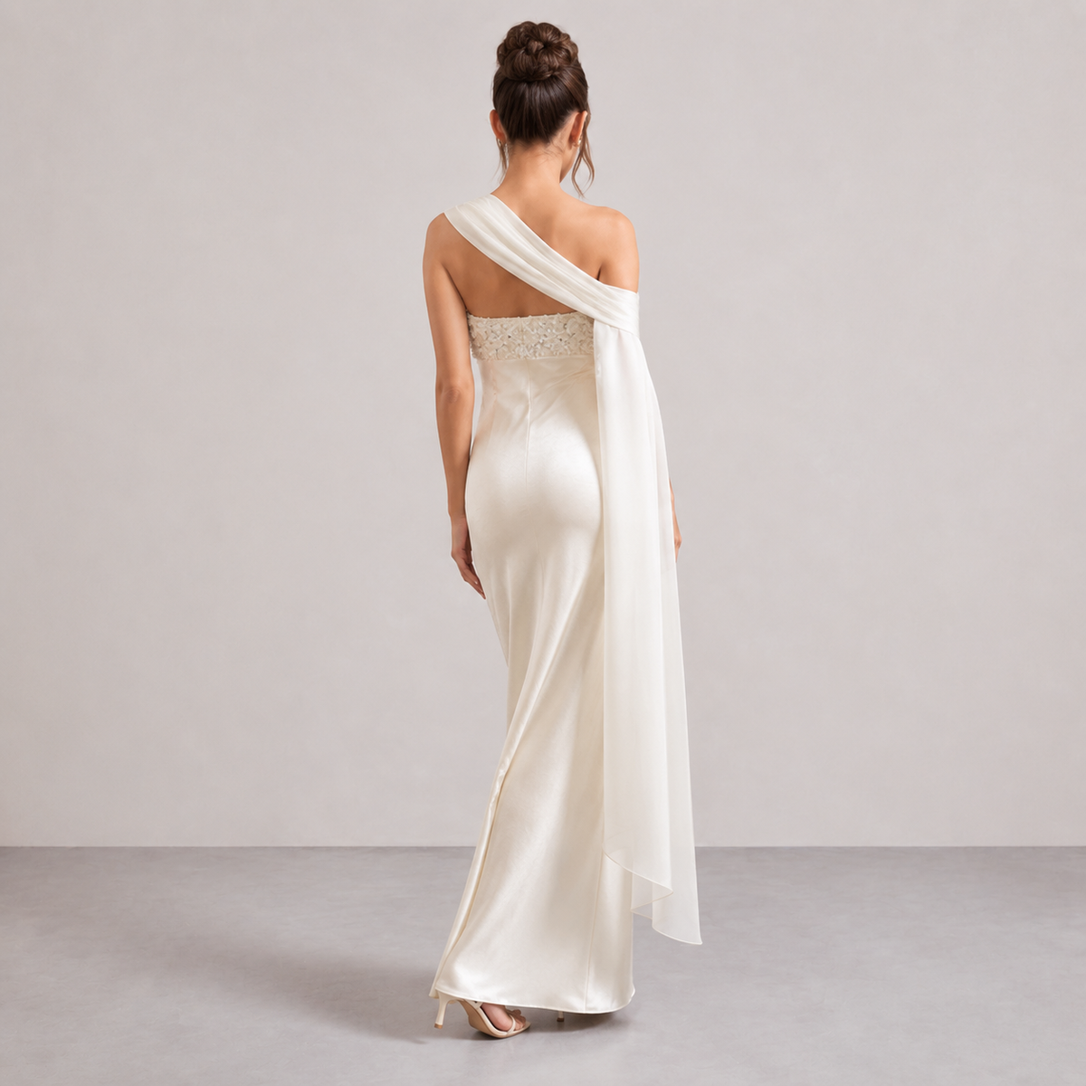 Strapless Embellished One Shoulder Sash Satin Column Maxi Gown 3