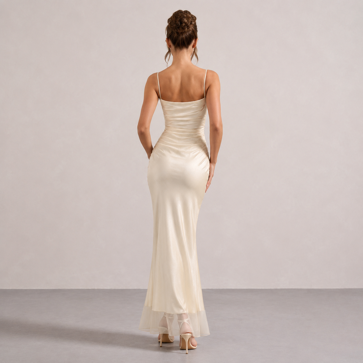 Cowl Neck Ruched Satin Fishtail Maxi Dress 3