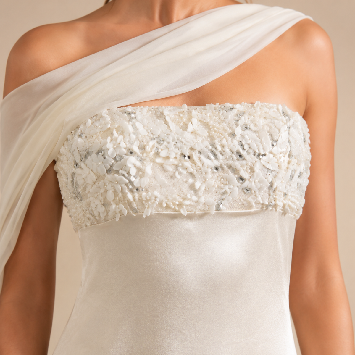 Strapless Embellished One Shoulder Sash Satin Column Maxi Gown 2