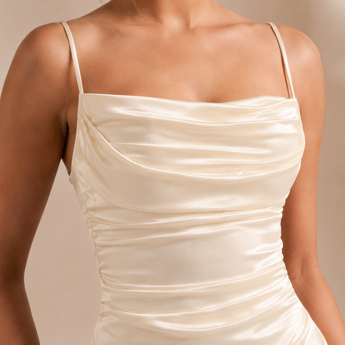 Cowl Neck Ruched Satin Fishtail Maxi Dress 2