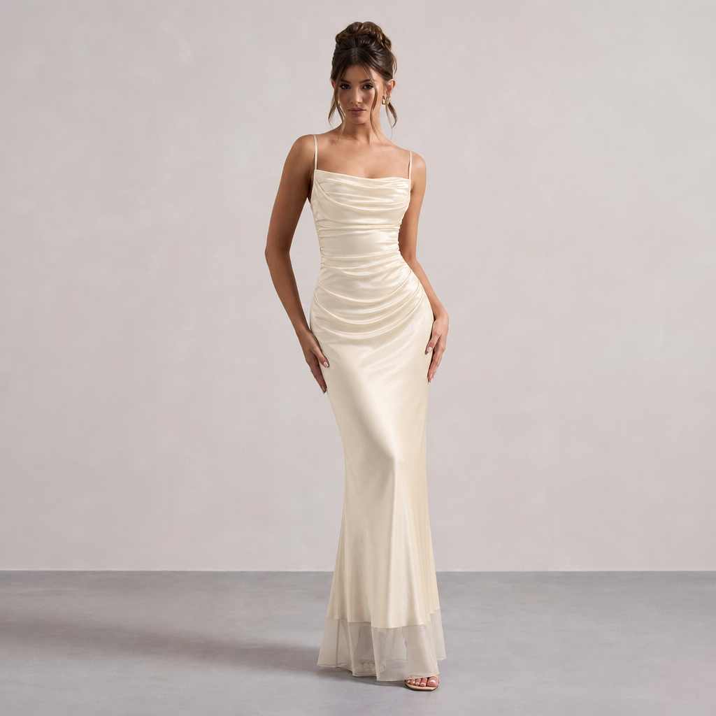 Cowl Neck Ruched Satin Fishtail Maxi Dress