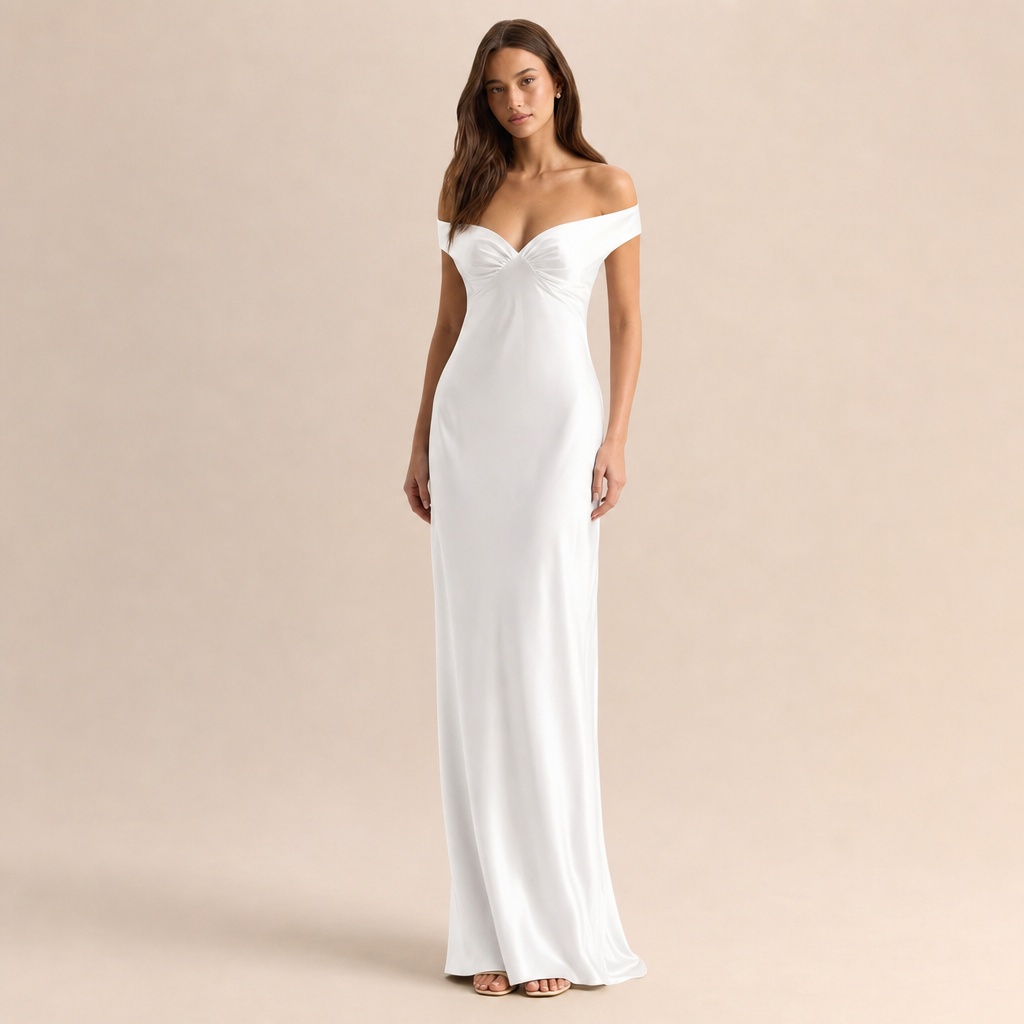 Off Shoulder Twist Front Satin Column Maxi Dress