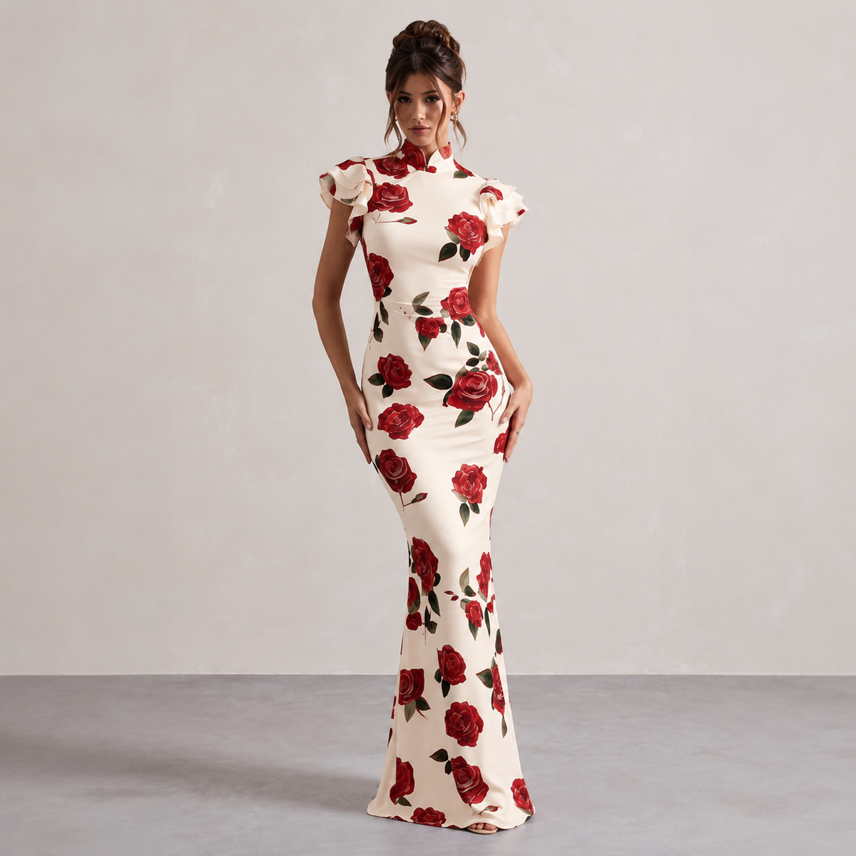 Rose Floral Mandarin Collar Ruffle Sleeve Fishtail Maxi Dress 7