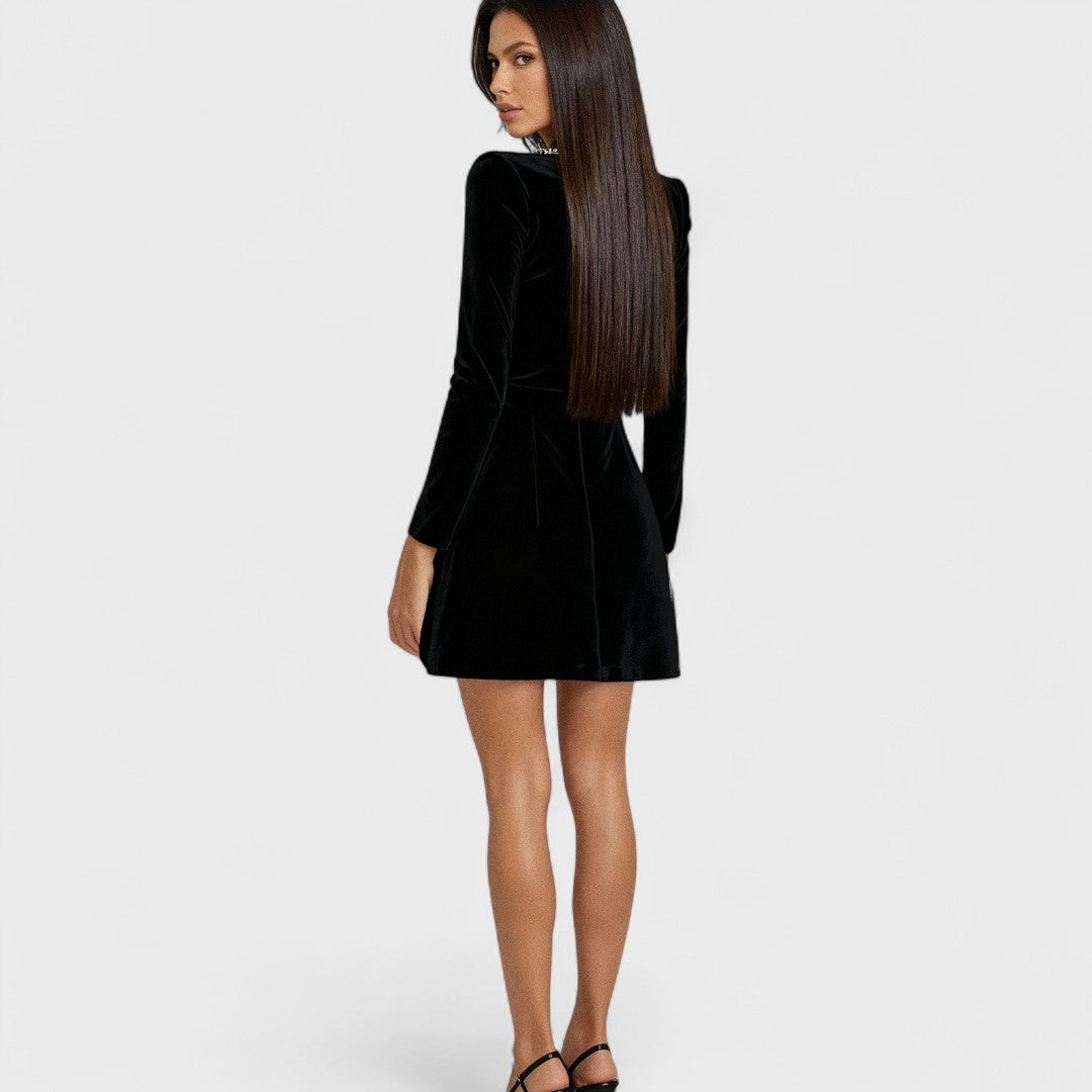 Velvet Square Neck Long Sleeve Embellished Fit and Flare Mini Dress 3