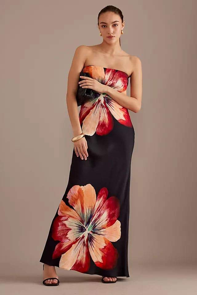 Floral Strapless Satin Bias Cut Column Maxi Dress - View 8