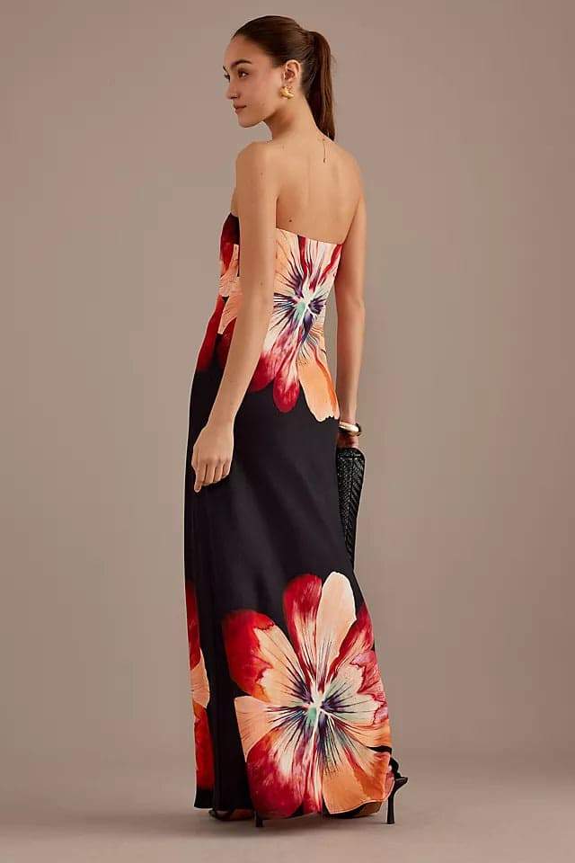 Floral Strapless Satin Bias Cut Column Maxi Dress - View 2