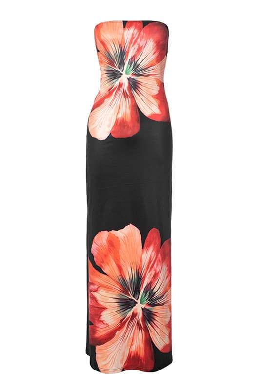 Floral Strapless Satin Bias Cut Column Maxi Dress - View 7