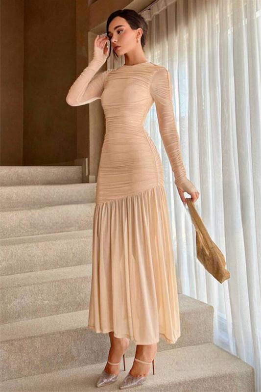 Mesh Round Neck Long Sleeve Ruched Drop Waist Flowy Maxi Dress