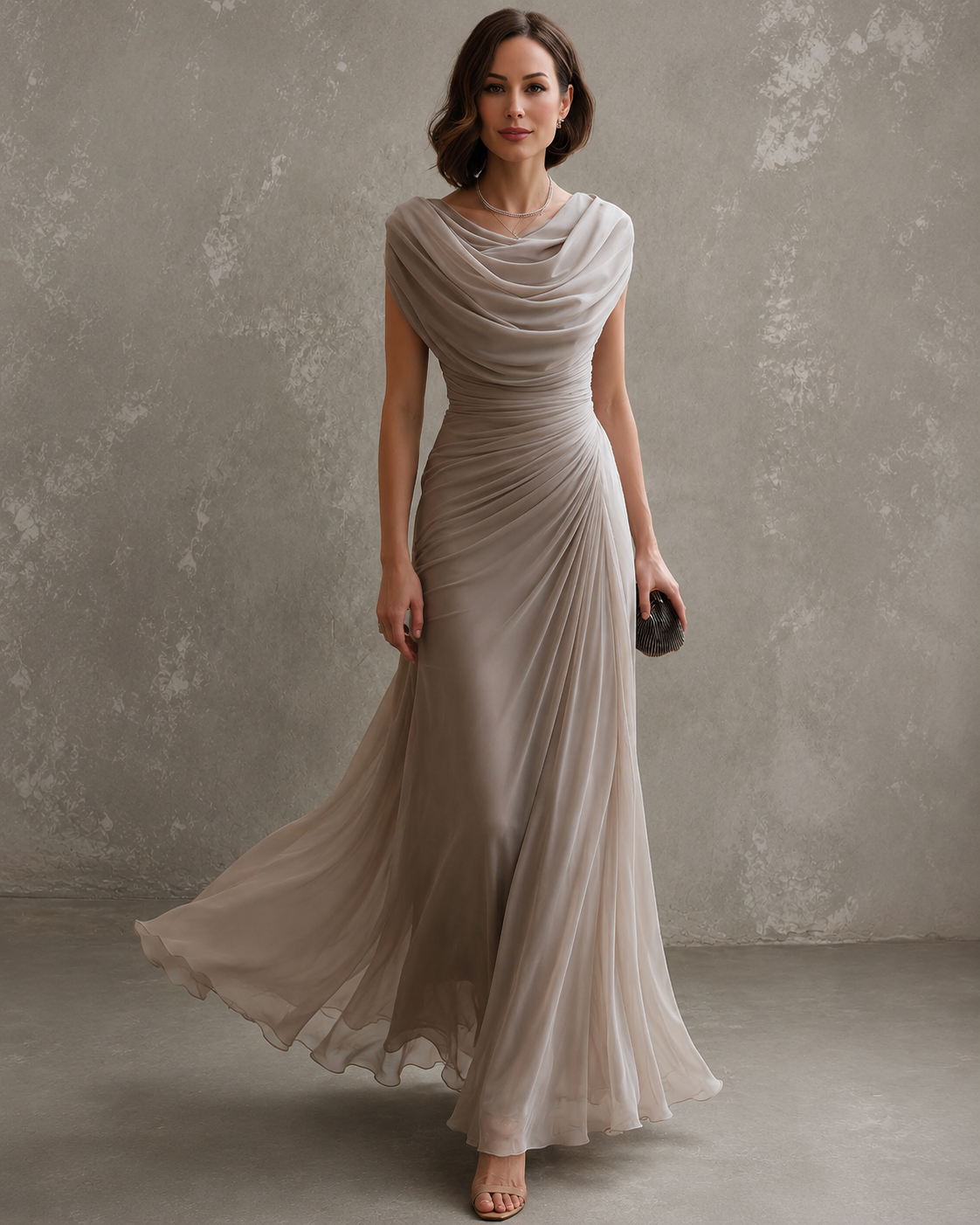 Cowl Neck Cap Sleeve Ruched Chiffon Maxi Gown 2
