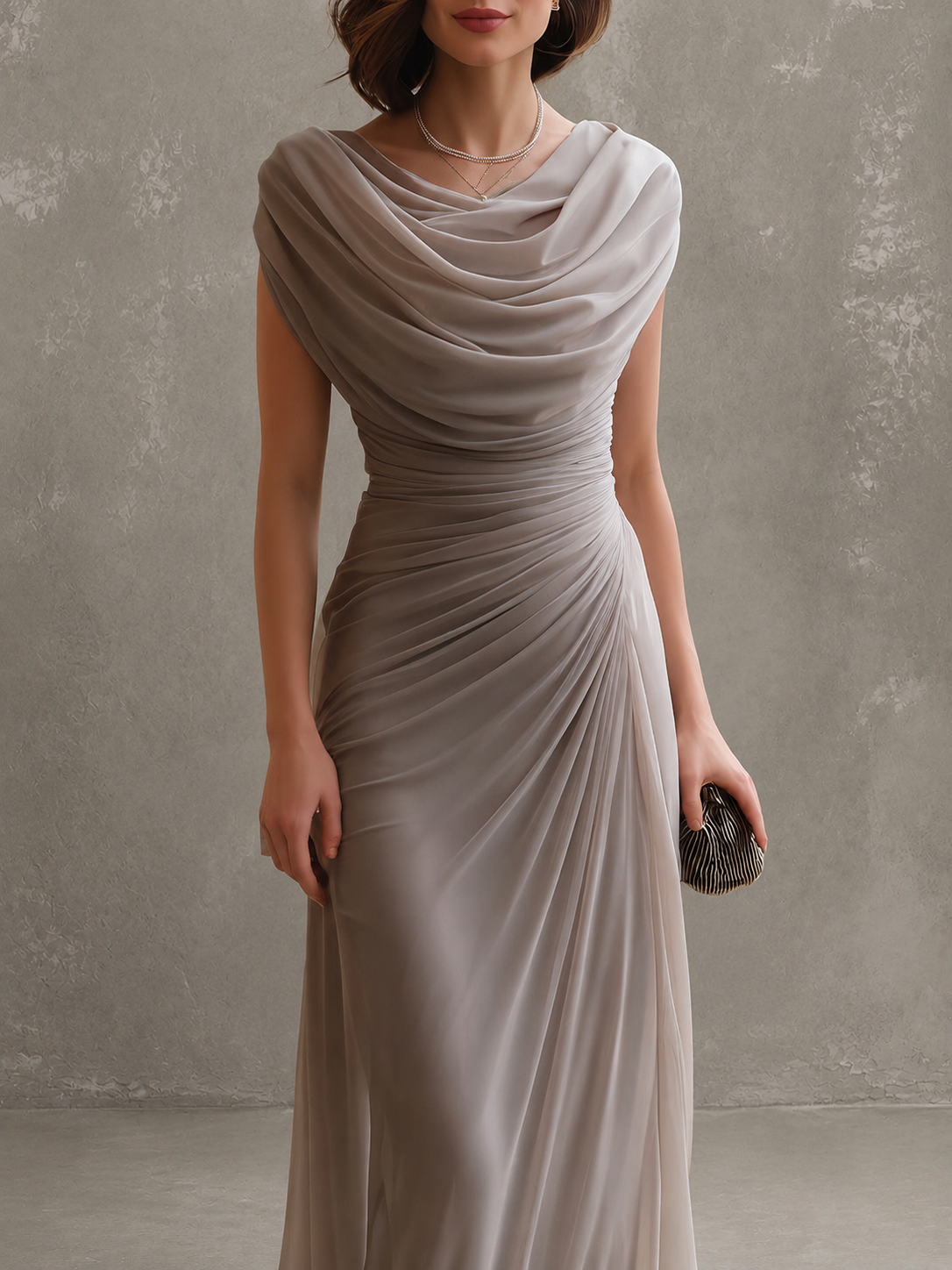 Cowl Neck Cap Sleeve Ruched Chiffon Maxi Gown 8