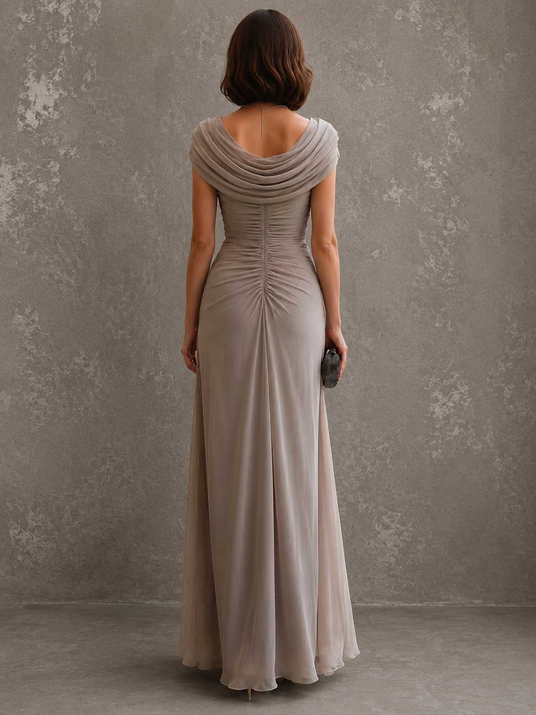 Cowl Neck Ruched Draped Chiffon Maxi Gown 9