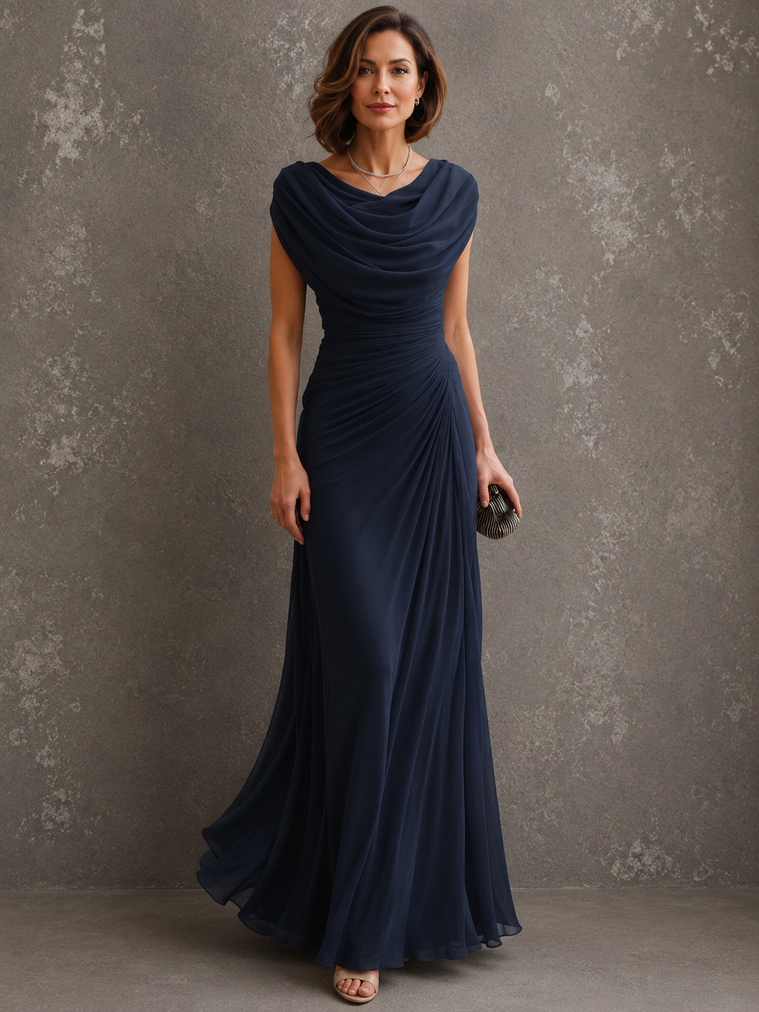 Cowl Neck Cap Sleeve Ruched Chiffon Maxi Gown 4