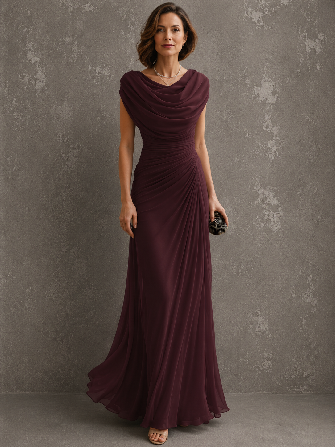 Cowl Neck Cap Sleeve Ruched Chiffon Maxi Gown 6