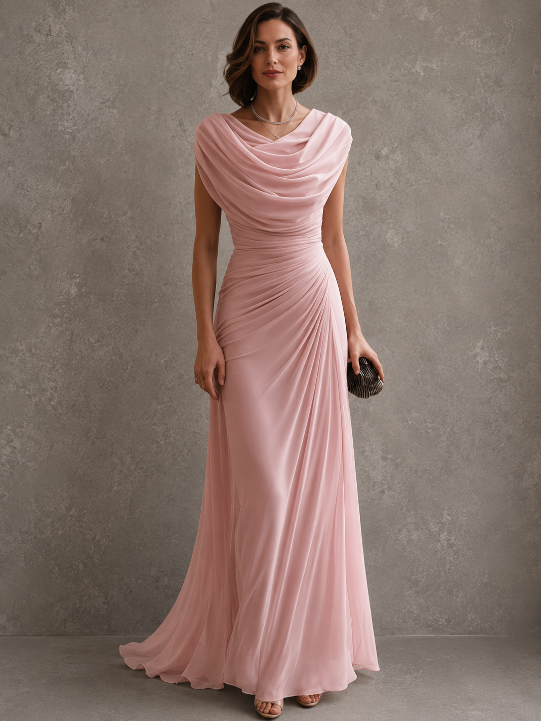 Cowl Neck Cap Sleeve Ruched Chiffon Maxi Gown 3