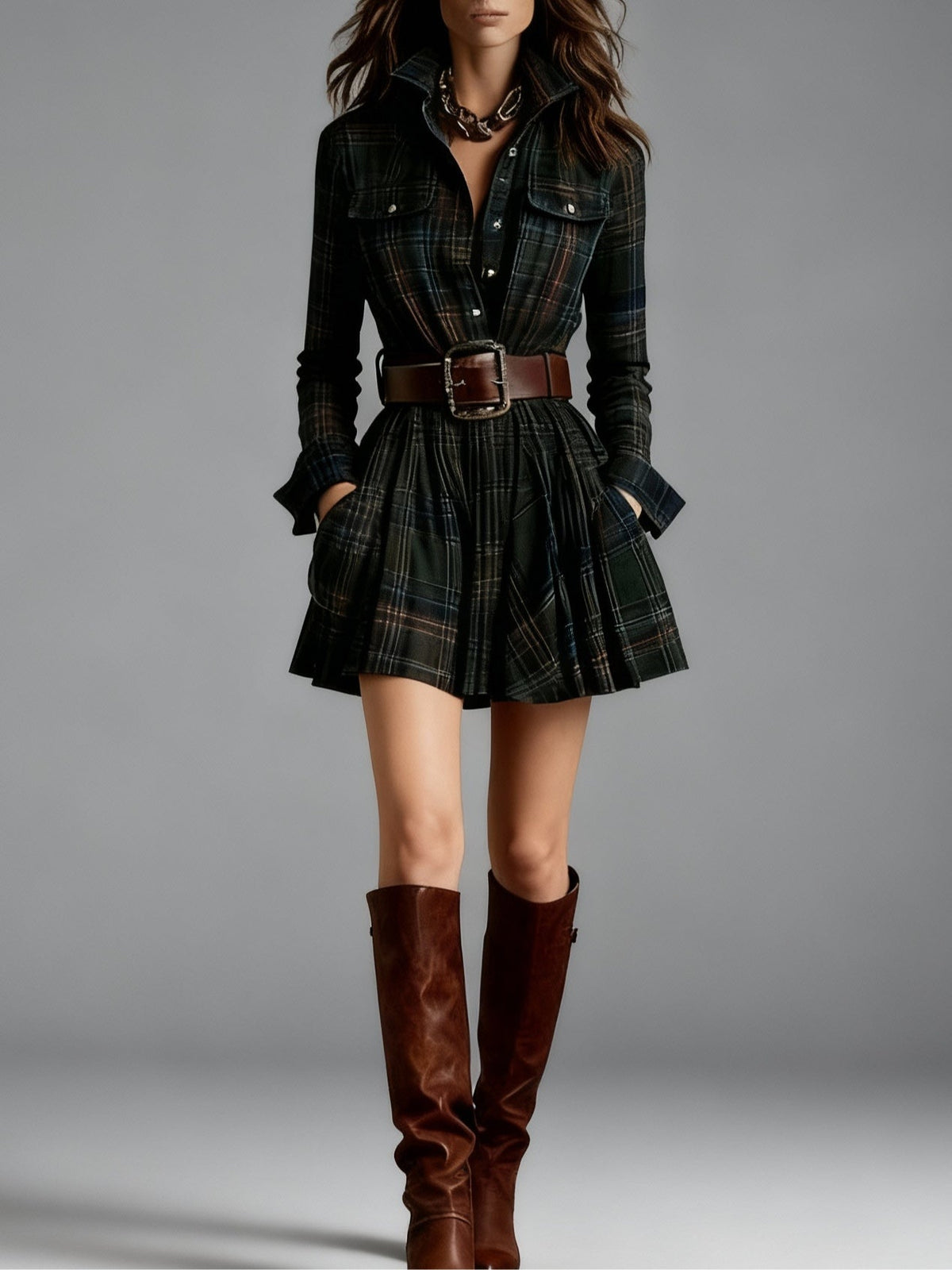 Plaid Long Sleeve Belted Pleated Shirt Mini Dress 2