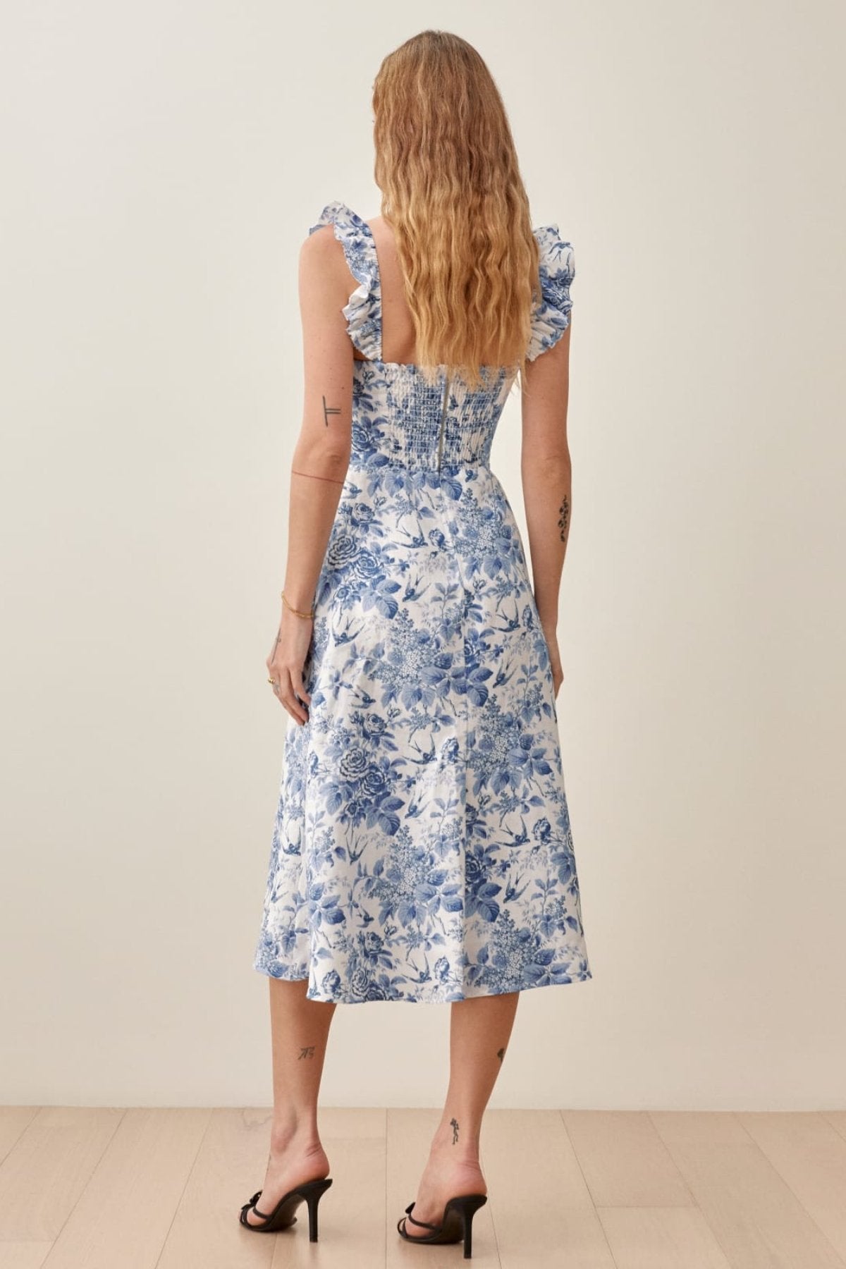 Floral Print Square Neck Ruffle Strap High Split Midi Dress - View 2